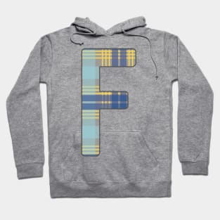 Monogram Letter F, Blue, Yellow and Grey Scottish Tartan Style Typography Design Hoodie